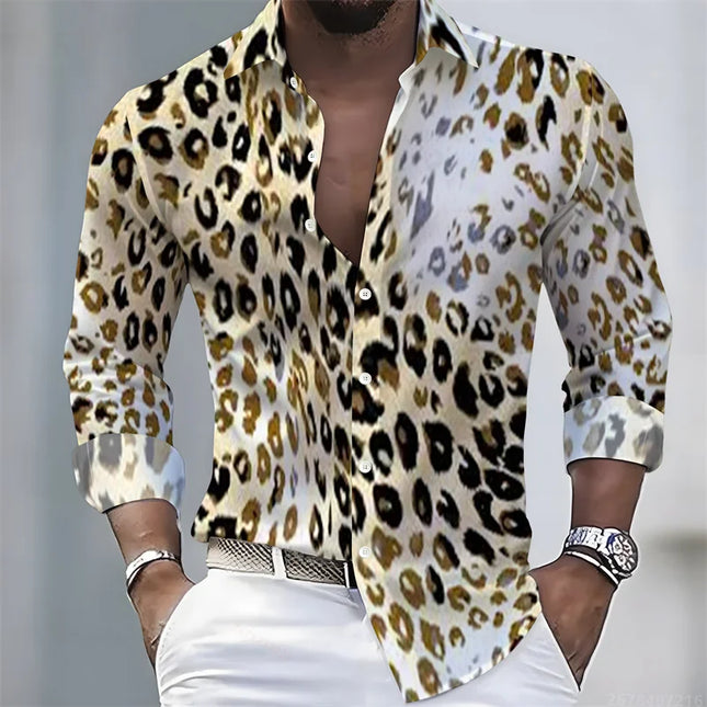 New Men's Leopard Print Long-Sleeved Shirt, Trendy Retro Slim-Fit Turn-Down Collar Casual and Stylish Men's Shirt, Sizes S-6XL.