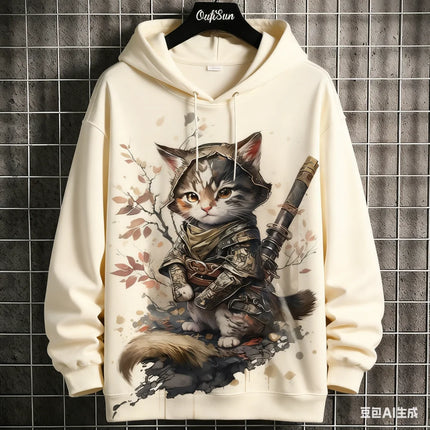 Japanese Samurai Cat Print Men's Hoodies Autumn and Winter Comfortable Loose Pullover Fashion Casual Sweatshirts Street Clothes