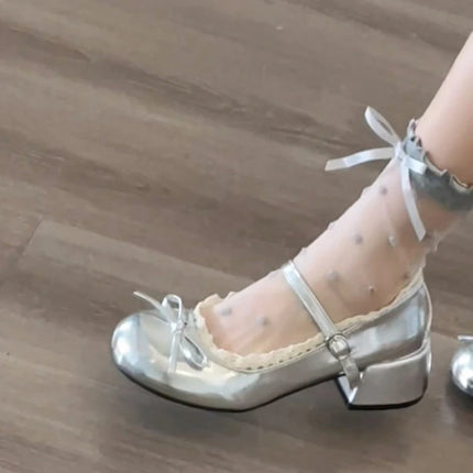 Silvery Women Mary Jane Shoes Elegant Patent Leather Wedding Party Thick Heel Shoes Spring Autumn Concise Zapatos De Mujer