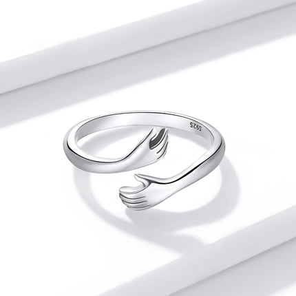 BAMOER 925 Sterling Silver Hug Open Ring Warm Love Hand Adjustable Glossy Ring for Women, His Big Loving Family Party Gift