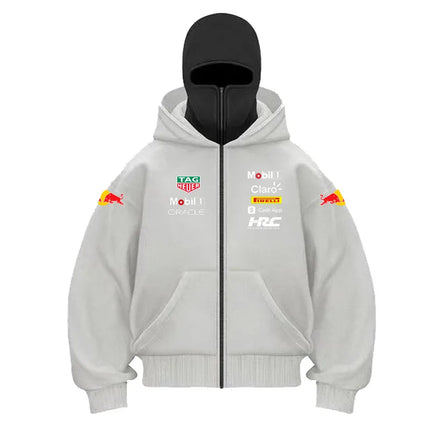 Men's Zipper Cardigan Hoodie with Red Bull Logo Motorcycle Jacket Style Casual Thermal Streetwear Outdoor Mountain Racing Hooded