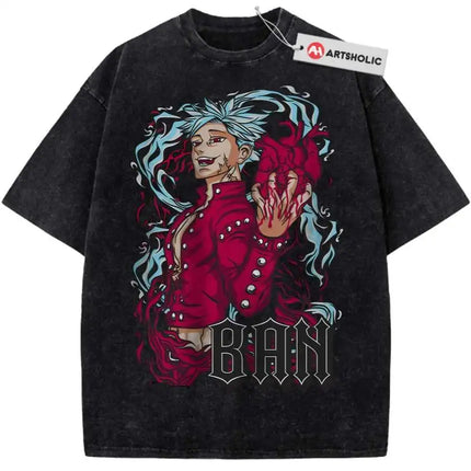 Hot Sale Anime Peripherals The Seven Deadly Sins Ban Print T-shirt Men Women Vintage Washed Cotton Top Oversized Summer New Tees
