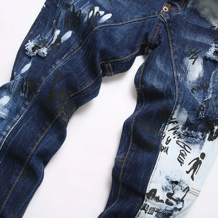 Men Letters Printed Denim Jeans Holes Ripped Patchwork Spliced Pants Button Fly Slim Tapered Stretch Trousers