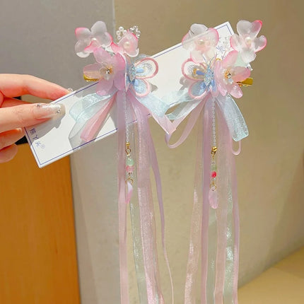 Fairycore Floral Hair Clips with Ribbons & Tassels - Traditional Chinese Hair Accessories for Hanfu | Gift for Girls