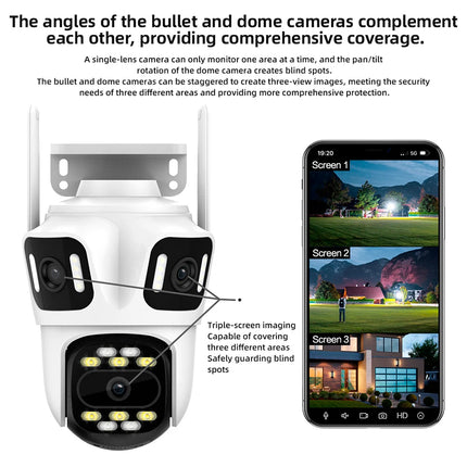 KERUI Icsee Outdoor PTZ 6K WIFI IP Camera Home Security Triple Lens Camera CCTV Video Surveillance With Triple Screens