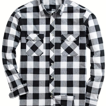 Men's Fashion Casual Flannel Plaid Shirt Long Sleeve Lapel Soft Comfortable Daily Wear Shirt Men's Classic Plaid Shirt