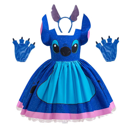 Stitch Character Cosplay Dress for Kids Girls Lilo & Stitch Blue Sparkly Dress with 3D Ears for Halloween Birthday Party