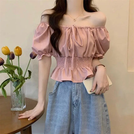 French Style Bubble Sleeve Shirt Women's Short Sweet Sensation Waist Cinched One Shoulder Top Polyester Blend Regular Sleeve