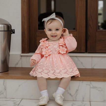 0-24M Infant Baby Girls Princess Romper Dress Cute Autumn 3D Lace Flowers Mesh Patchwork Long Sleeve A-Line Dress for Toddler