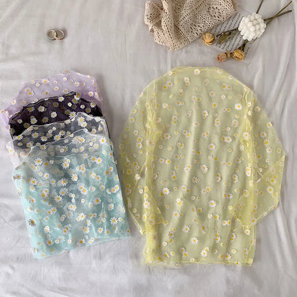 2023 Autumn Hollow Out Mesh T-Shirt Daisy Flower Pattern Crop Top Sexy Transparent Long Sleeves Basic Tops For Women Lace Tops