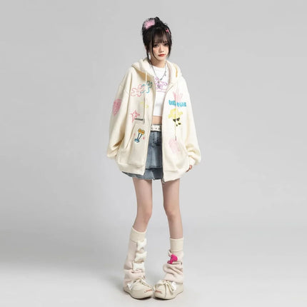 Fashion Zip Up Hoodies Women Autumn Long Sleeve Cartoon Tops Loose Hood Shirt Harajuku Y2K Clothes Female Sweatshirt Jacket