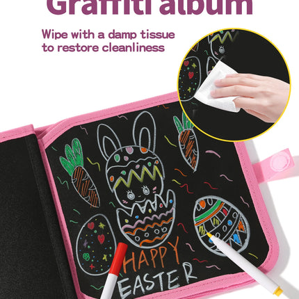 Kids Easter Bunny Blackboard Graffiti Book-Reusable Washable Painting Notebook with 12 Color Pens, Portable Educational Toy Gift
