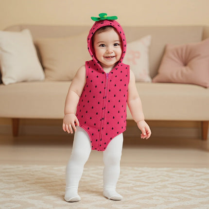 Baby Girls Romper Sleeveless Hooded Strawberry Seed Print Infant Bodysuit with Socks Cosplay Halloween Clothes