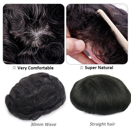 HD Lace PU Men Toupee Swiss Lace Indian Human Hair Wigs for Man 0.08-0.1cm PU Thin Skin Real Human Hairpiece Natural Hair Sytsem