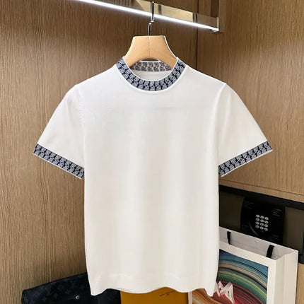 Luxury Men's Short Sleeve T-Shirt 2025 New Summer Trend Splicing Threaded Ice Silk Knitted Short Sleeve Men