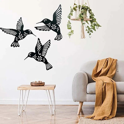 3Pcs/Set Black Metal Hummingbird Wall Decor Hollow Out Iron Art Bird Sculpture Ornament Waterproof Hanging Figurines