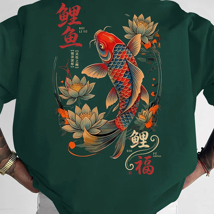 New Men's Koi Fish Fortune T-Shirt Japanese Lotus Print Streetwear Crew Neck Short Sleeve Polyester Tops S-XXL