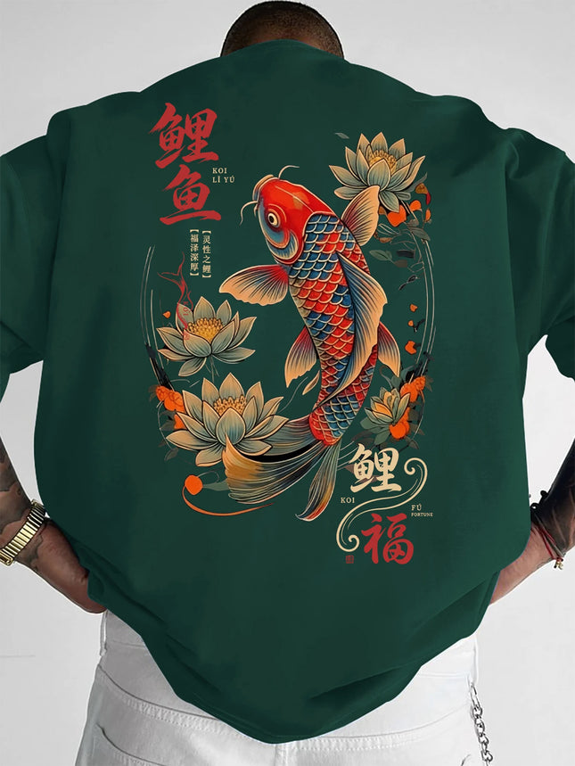 New Men's Koi Fish Fortune T-Shirt Japanese Lotus Print Streetwear Crew Neck Short Sleeve Polyester Tops S-XXL