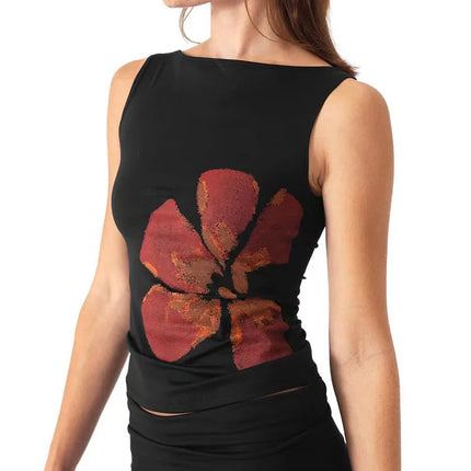Women's Flower Print Crop Tank Top Fitted Boat Neck Sleeveless Summer Top for Party Club 2025 New Fashion