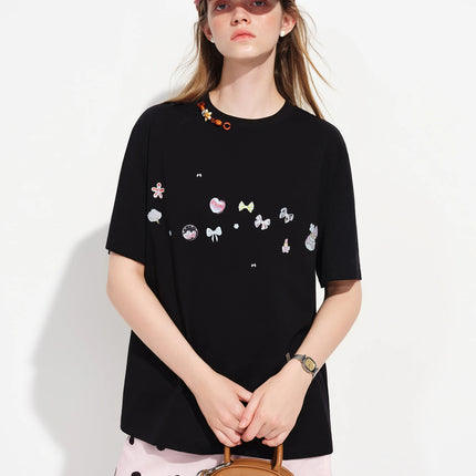 FSLE 2026 Spring Women's Cool Feel Oversized Short Sleeve T-Shirt - Sweet Edgy Style Cute Graphic Print for Casual Daily Wear
