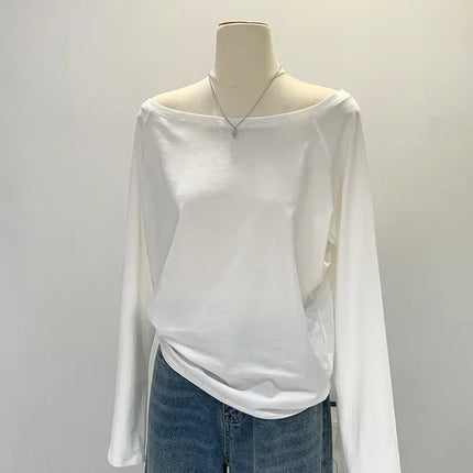 One Shoulder Cotton Slant Shoulder Long Sleeve Women's Interior-Style Wide Truffle Shoulder Base Autumn Winter Shirt