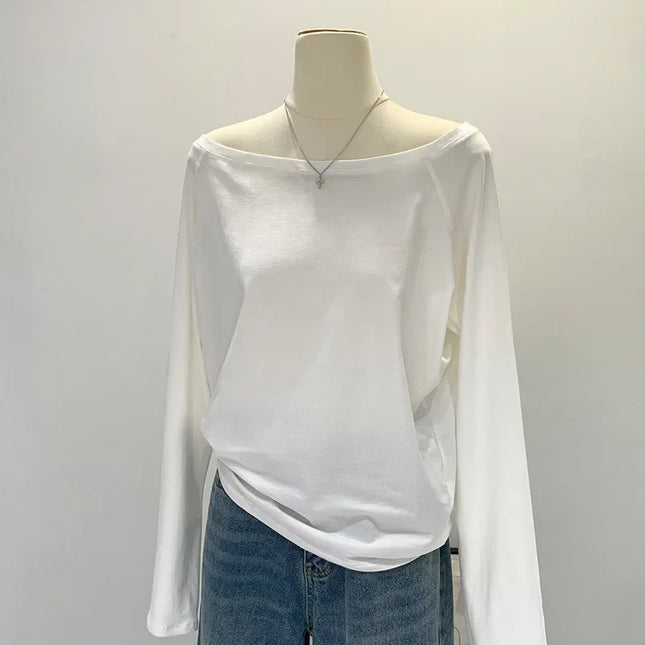 One Shoulder Cotton Slant Shoulder Long Sleeve Women's Clothing Style Interior Wide Truffle Shoulder Base Autumn Winter Shirt