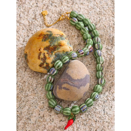 Vacation Fashion Green Ceramic Beads Chain Chilli Drop Handmade Necklace Stylish Unique Tarnish Resistant Trending Jewelry