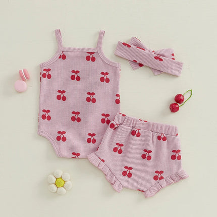 Infant Baby Girls Outfits Sleeveless Cherry Print Romper Shorts Pants Headband 3PCS Newborn Girl Summer Clothes Set