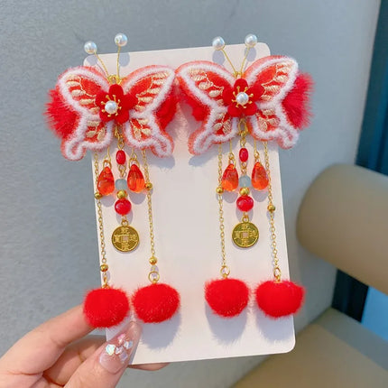 New Year Chinese-Style Hair Accessories Collection,Butterfly/Flower/Fan Designs with Fur Balls,Festive Clips for New Year Outfit