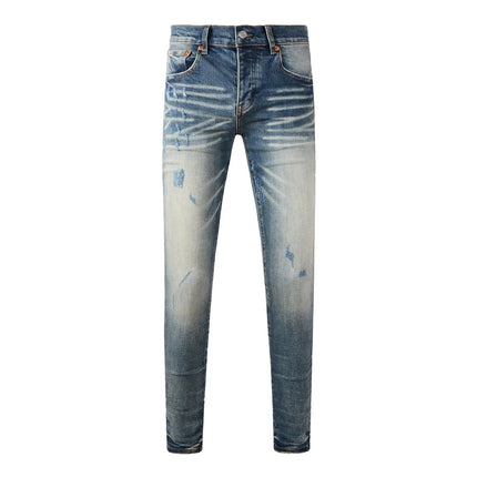 High Street American Distressed Men's Jeans Fashion Brand Coated Blank Stretch Skinny Button Fly Ripped Pants Trousers