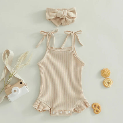 FOCUSNORM 0-18M Infant Baby Girls Sweet Romper Solid Color Knitted Ribbed Tie-Up Spaghetti Straps Sleeveless Ruffles Jumpsuits