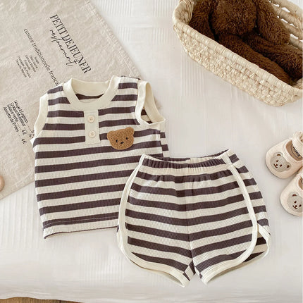 2024 New Summer Baby Stripe Clothes Set Girls Waffle Bear Sleeveless Top+Pants Toddler Infant Outwear 2PCS