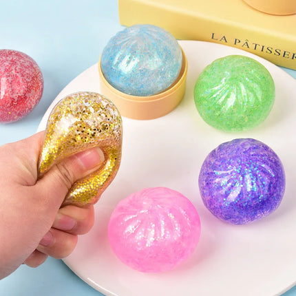 Color Glitter Dumpling Squishes Stress Balls Fidget Sensory Toys Simulation Food Squishies Bun with Steamer Squeeze Dough Gifts