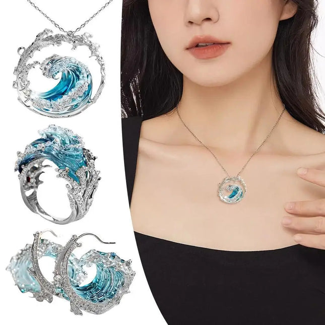 1/3PCS Ocean's Oath Wave Decorative Ring Necklace Earrings Jewelry Set For Women Gift Fashion Sky Blue Decoration Jewelry Gift