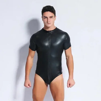 Black Long Sleeve Shiny PU Leather Bodysuit Zipper Hot Shapers Men Body Tops Shirts Gothic Tights Clubwear Tshirt Leotard