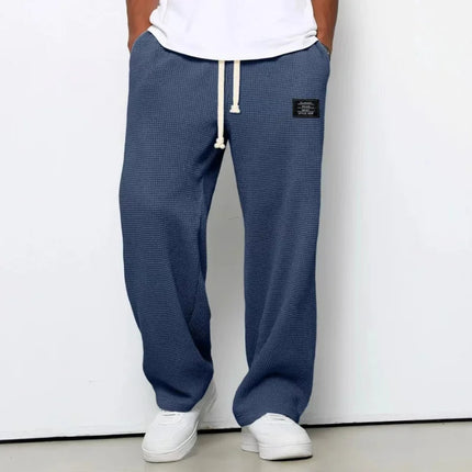 American Style Men's Waffle Textured Wide Leg Sweatpants Drawstring Elastic Waist Casual Loose Fit Streetwear Joggers
