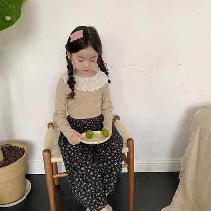 1-12 Years Long-Sleeved Shirts Children's Spring Knitted Tops Baby's Lace 2025 Lace Base Shirt Korean Girls Ruffle Collar T-shirt