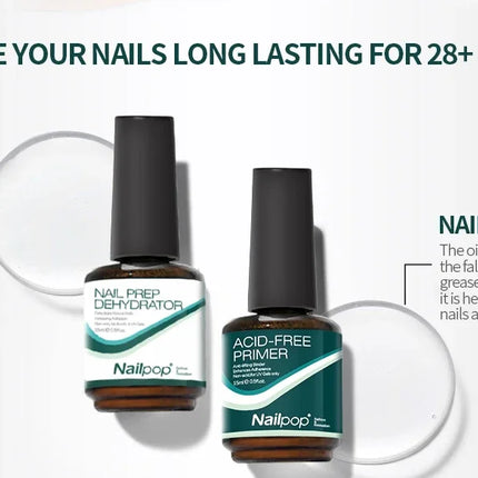 Nailpop Nail Dehydrator and Primer Acid Free Natural Nail Prep for Acrylic and UV Gel Nail Polish Fast Dry Superior Bonding Set