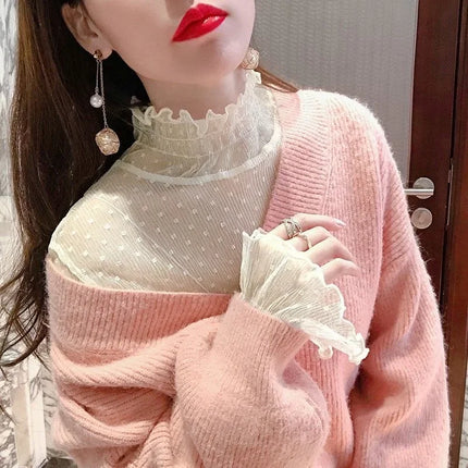 Women's Black Lace Flared Sleeve Slim Fit T-Shirt Long Sleeve Round Neck Base Shirt Fashion Kimono Bottoming Top for Women