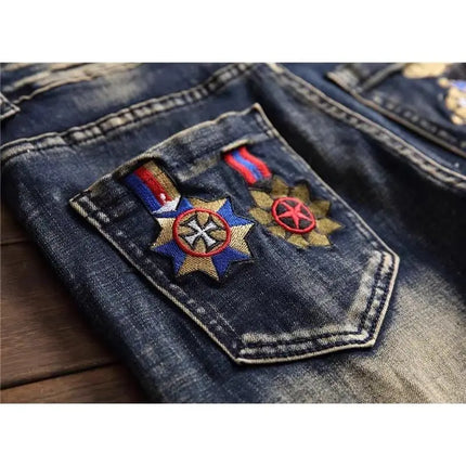 New Korean Luxury Clothing Multi-ripped Jeans Men's Patch Slim Retro Style Fashion Personality Badge Beggar Cargo Trousers Man