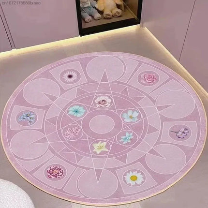 Girly Floral Round Carpet Non-slip Washable for Delicate Romantic Bedroom Dreamy Ballet Practice Area Home Decor Rose Mat