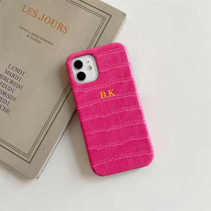 Personalise Customize Name Gold Letter Leather Case For iPhone 13 12 11 14 15 16 17 Pro XS Max XR 8 Plus Luxury Crocodile Cover