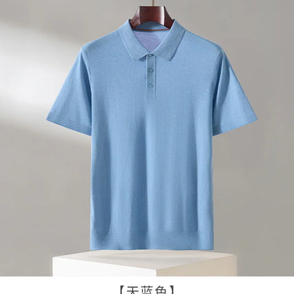 100% Lyocell men's T-shirt casual solid color knitted pullover short sleeved loose POLO collar Tees Pull on vest Tops
