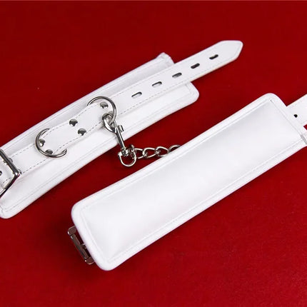 PU Leather Soft Padded White Handcuffs Ankle Cuffs Wrist Bondage Restraints Neck Collar BDSM Bondage Slave Erotic Adult Sex Toys