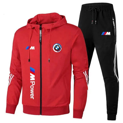 2026 BMW Men's Autumn and Winter Brand Fashion Set - Two-piece with hood and zipper long-sleeved cycling jacket, featuring a dra