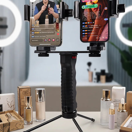 Dual Phone Holder Mount Stand for Live Streaming Video Recording Adjustable Handheld Gimbal Stabilizer with Tripod for TikTok Vl