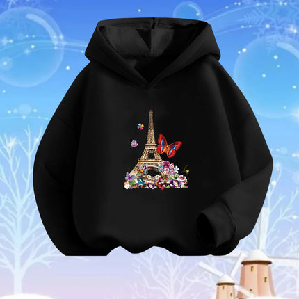 Pink Heart Flower Print Hoodies Girls Long Sleeve Pullover Loose Sweatshirt Spring Autumn Cotton Basic Top Fashion Clothes