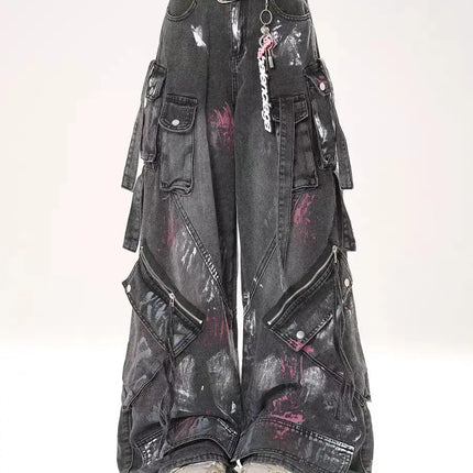 American 2000s Heavy Industry Y2K Harajuku Gothic Multi-Pocket Washed Black Jeans Men And Women Oversize Hip Hop Wide Leg Pants