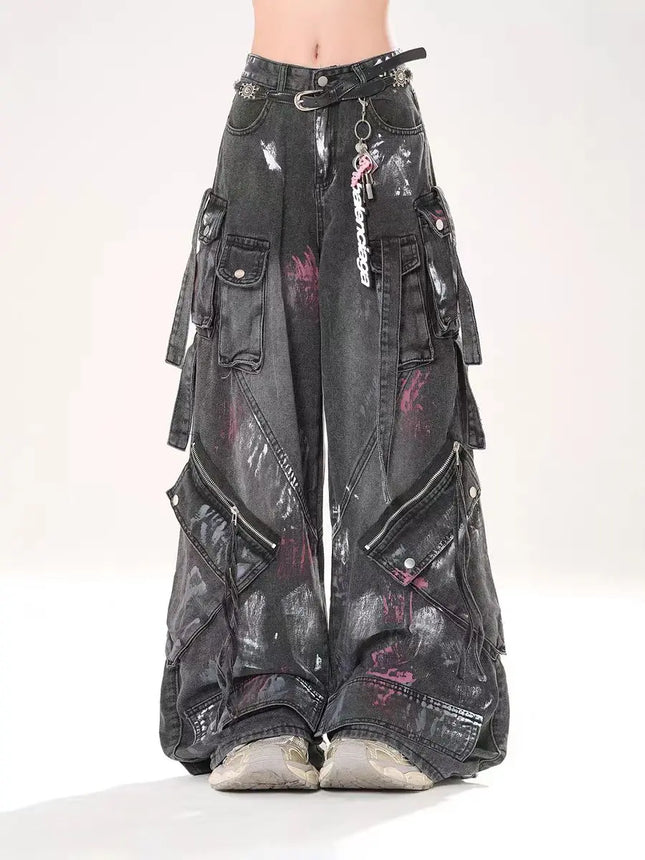 American 2000s Heavy Industry Y2K Harajuku Gothic Multi-Pocket Washed Black Jeans Men And Women Oversize Hip Hop Wide Leg Pants