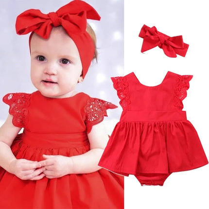 0-24months Baby Girls Clothes Set Floral Dress Lace Bodysuit Sleeveless Romper + Bow Headband infant girls Summer Outfits